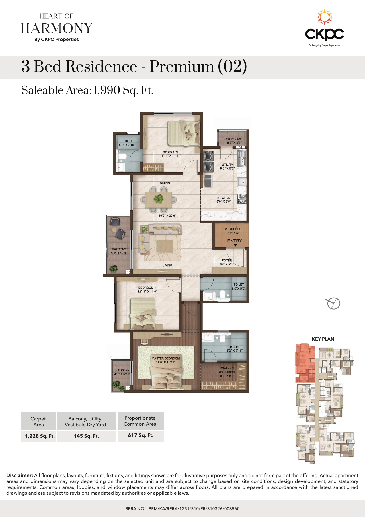 3 BHK Premium – 1,990 Sq Ft Saleable Area – Official Floor Plan