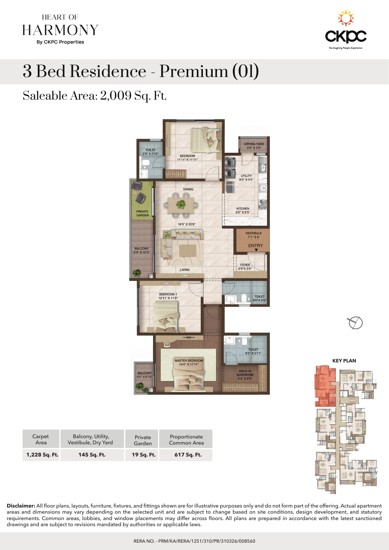 3 BHK Premium – 2,009 Sq Ft Saleable Area – Official Floor Plan
