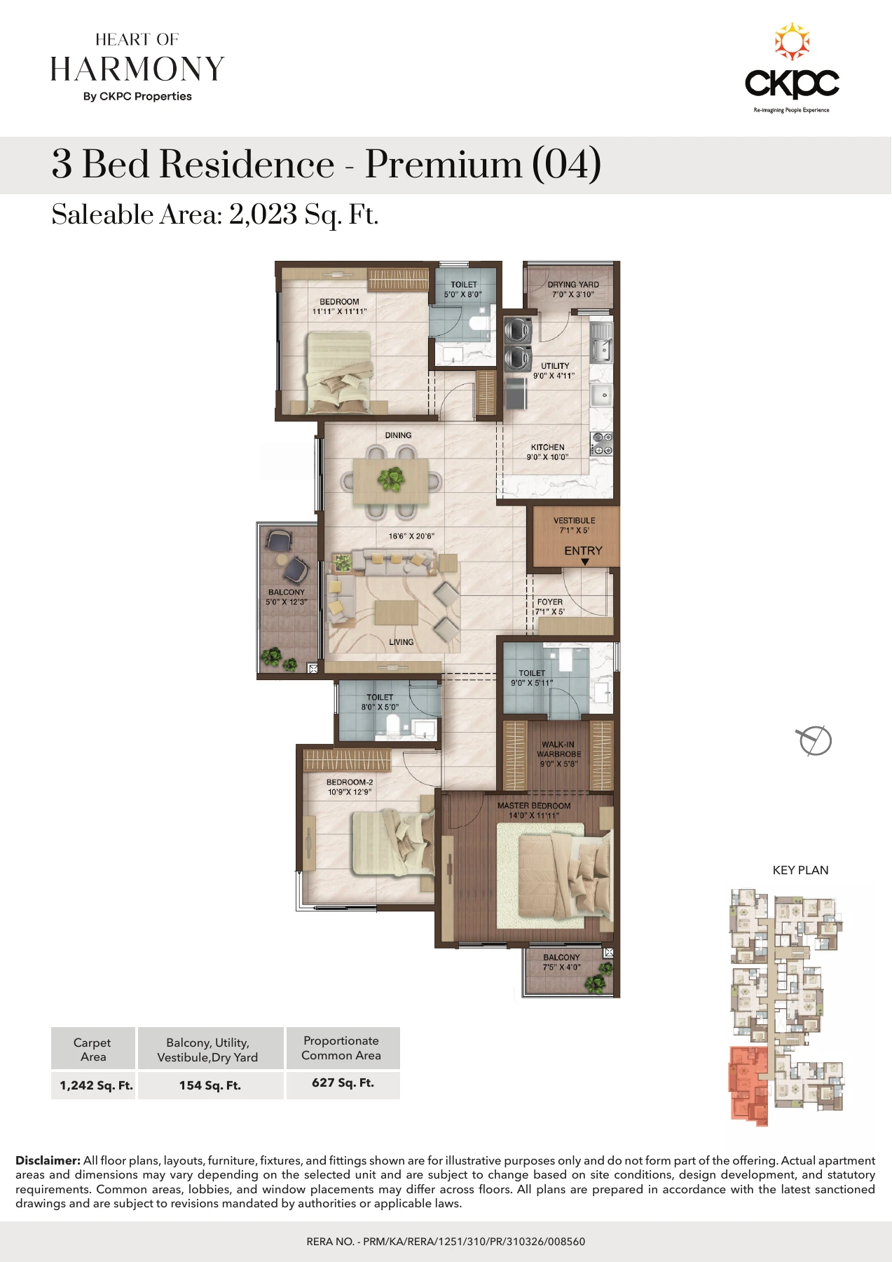 3 BHK Premium – 2,023 Sq Ft Saleable Area – Official Floor Plan